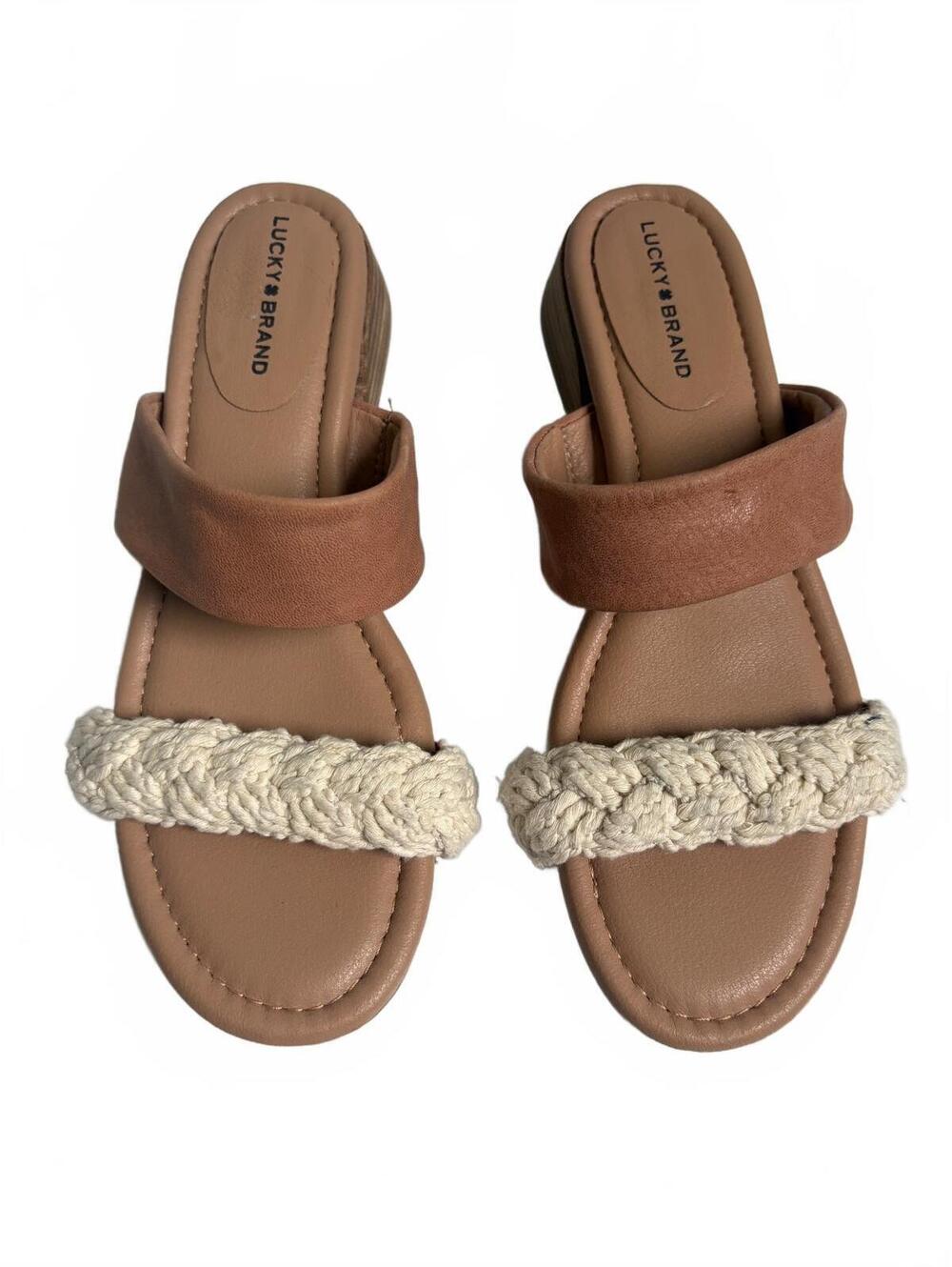 Lucky Brand | NWOT Women’s Razilla Sandal Cream Yarn‎ Leather Camel Strap Sz 7.5
